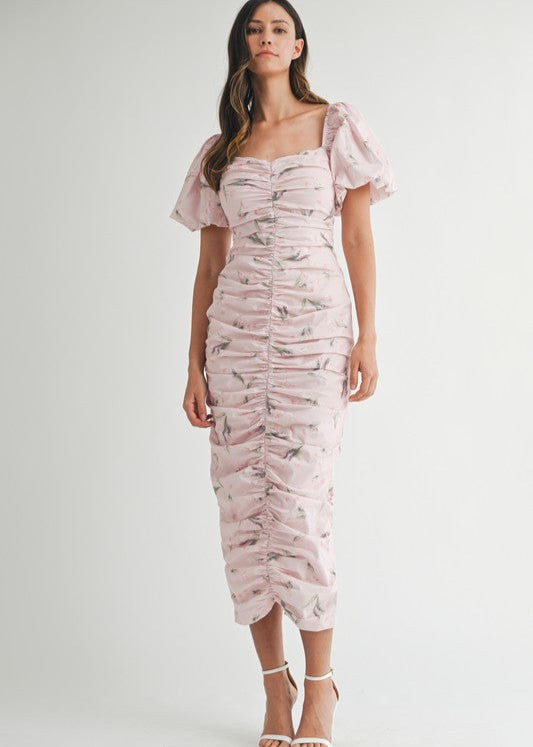 Burgundy Dress Ruched Midi Dress With Sleeves Long Sleeve Ruched Mesh Midi Dress, Pink Multi Jolie Burgundy Dress Ruched Midi Dress With Sleeves Long Sleeve Ruched Mesh Midi Dress, Pink Multi Jolie