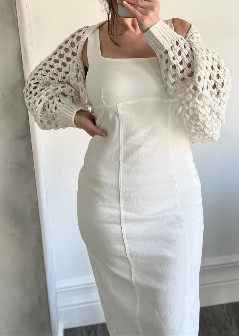 white denim bodycon dress Reform Denim Bodycon Midi Dress White