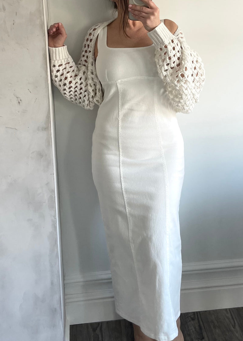 white denim midi dress Square Neck Button Up Denim A line Midi Dress - White