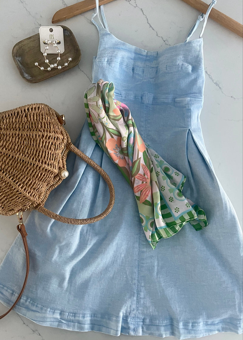 Blue Soft Denim Pleat Dress Be the Aura Blue Soft Denim Pleat Dress Be the Aura