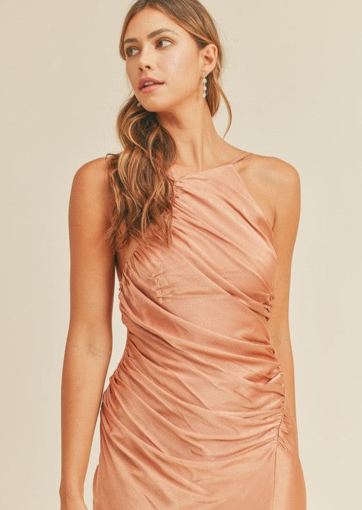 Rose Gold Silky Gathered Dress Be the Aura Rose Gold Silky Gathered Dress Be the Aura