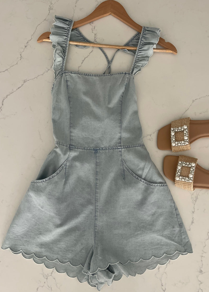 Blue Soft Denim Ruffle Romper
