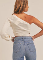 Oat Off Shoulder Cut to Sweater Top