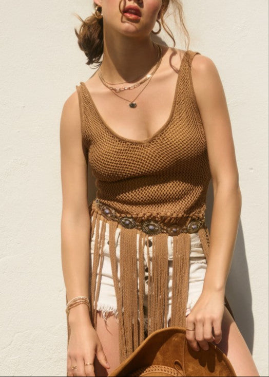 Camel Fringe Top