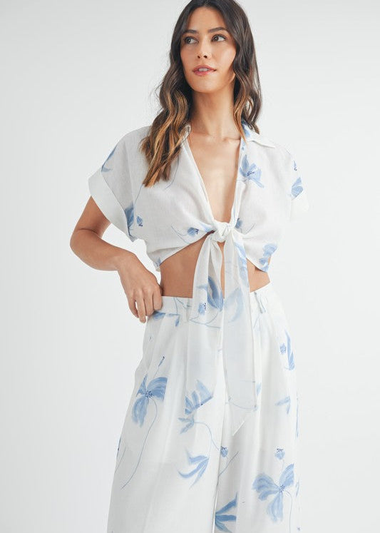 White Floral Print Wide Leg Pant Set