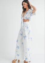 White Floral Print Wide Leg Pant Set