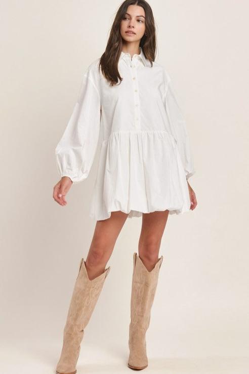 White Button Down Balloon Dress