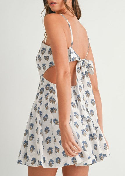 Blue Floral Paris Bow Mini Dress