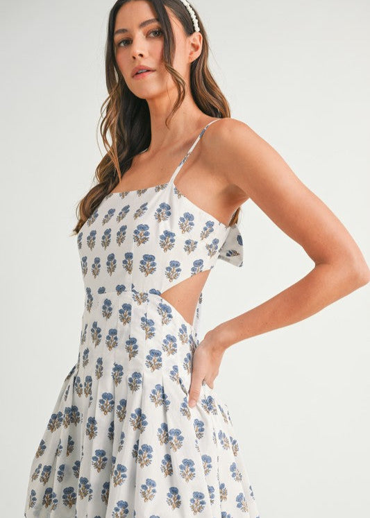 Blue Floral Paris Bow Mini Dress