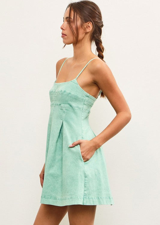 Sage Soft Denim Pleat Dress