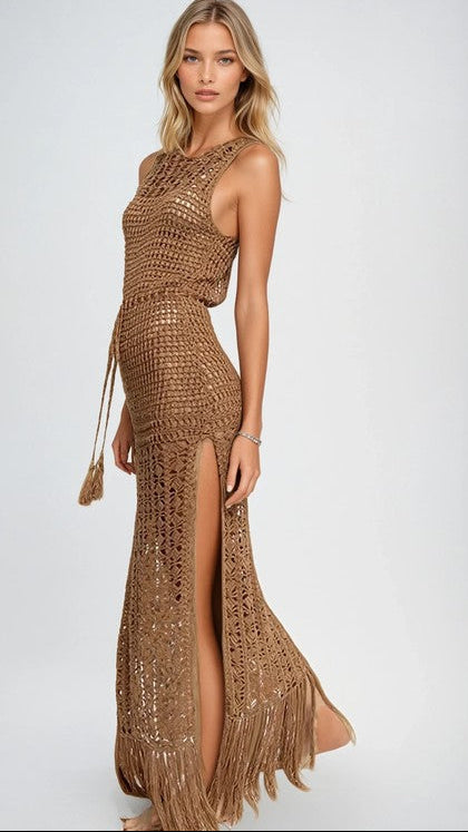 Mocha Algarve Crochet Cover Up Dress