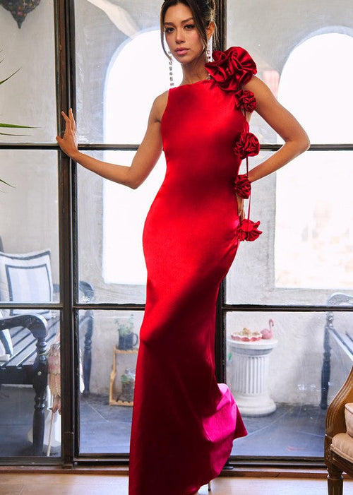 Red Paris Rosette Silky Gown