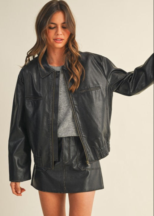 Black Vintage Leather Bomber Jacket