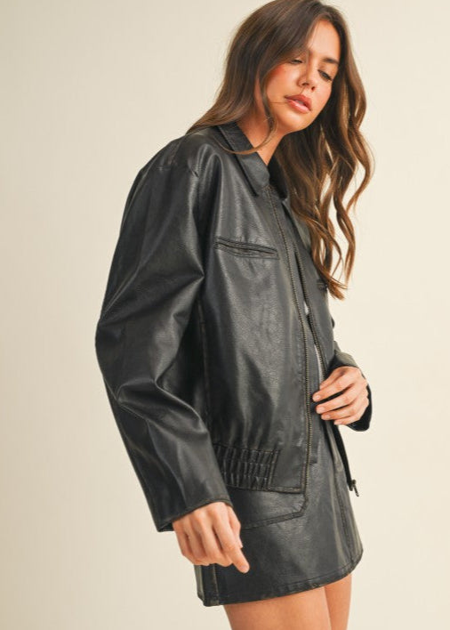 Black Vintage Leather Bomber Jacket