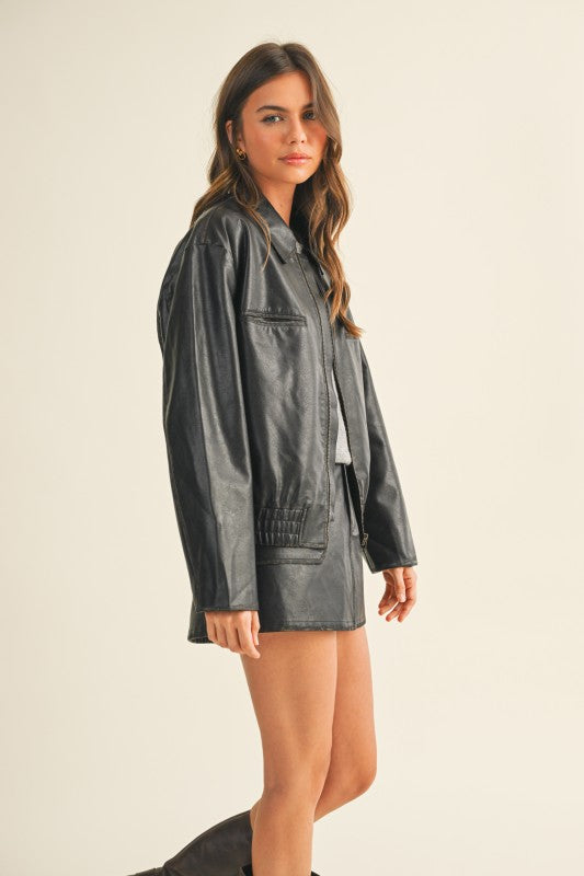 Black Vintage Leather Bomber Jacket