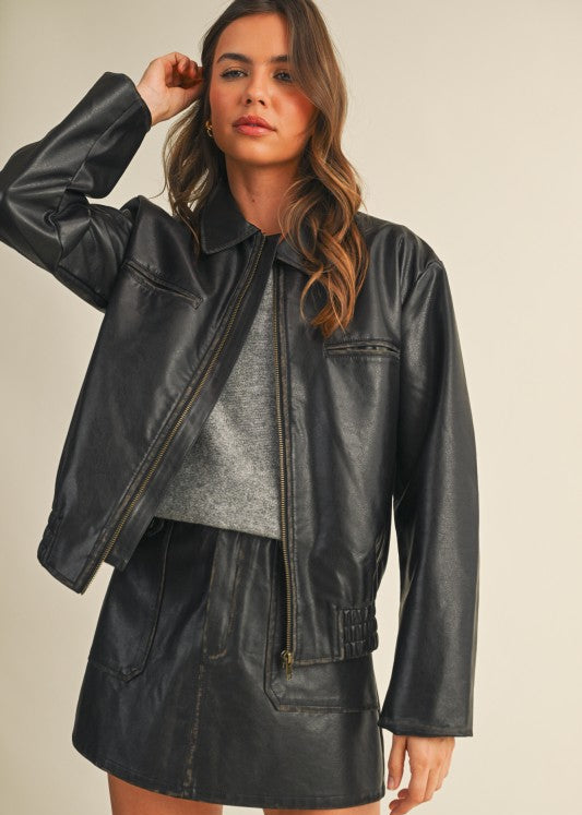 Black Vintage Leather Bomber Jacket