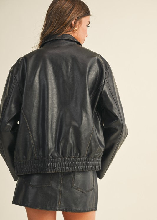 Black Vintage Leather Bomber Jacket