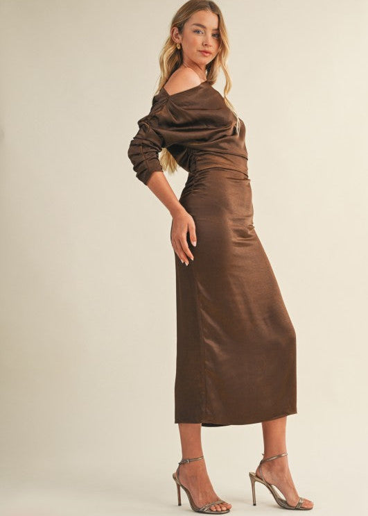 Espresso Silky Off Shoulder Midi Dress