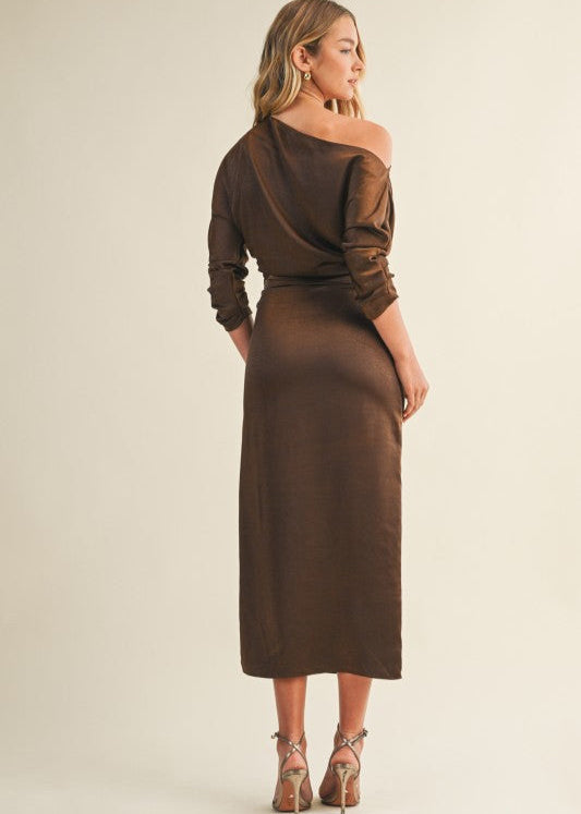 Espresso Silky Off Shoulder Midi Dress