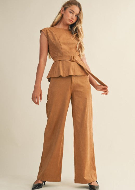 Camel Sueded Wide Leg Pant