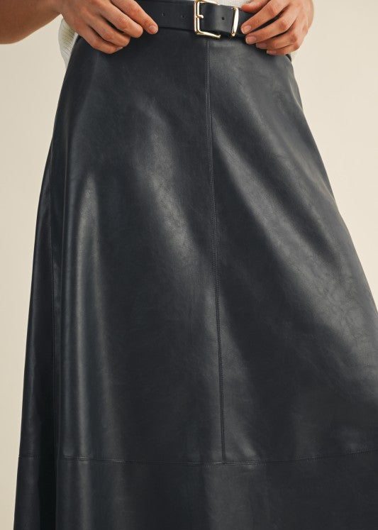 Navy Leather Midi Skirt