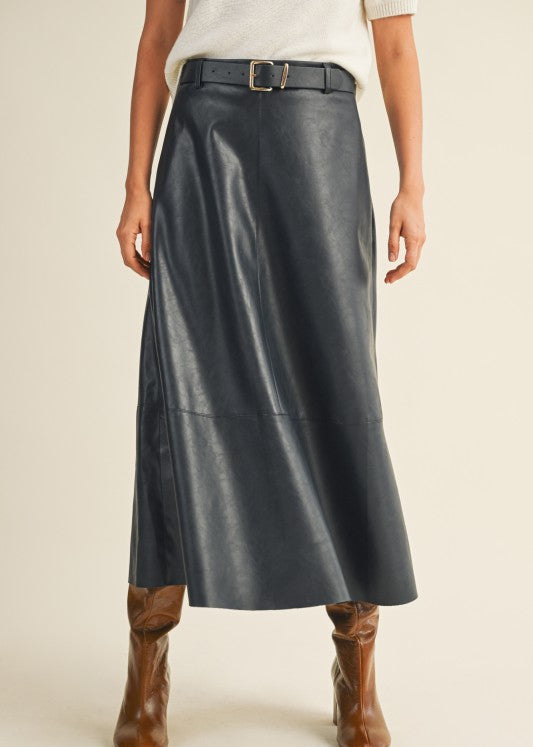 Navy Leather Midi Skirt