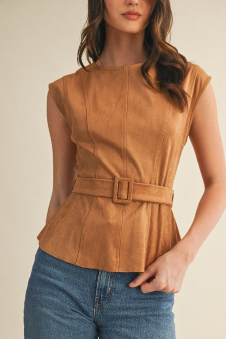 Camel Sueded Peplum Top