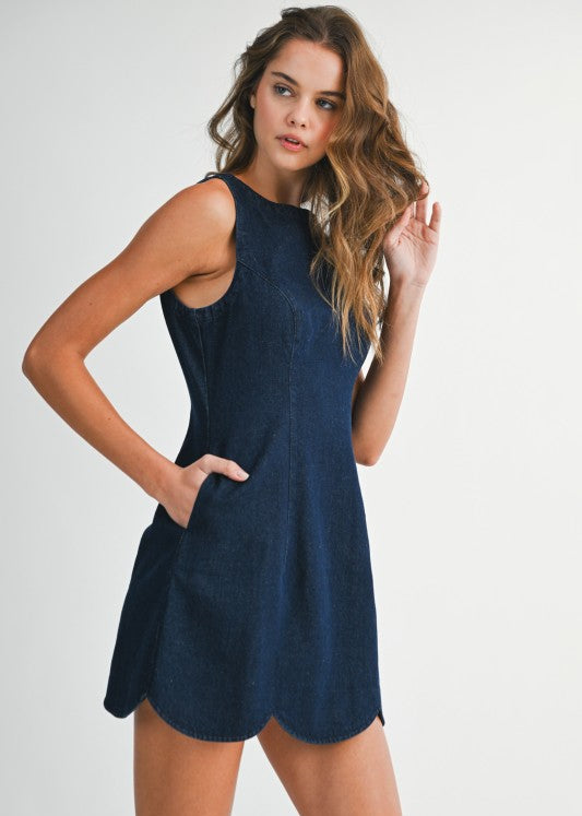 Navy Denim Scallop Hem Mini Dress