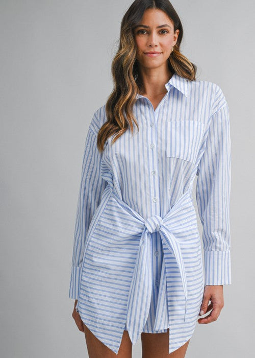 White & Blue Striped Wrap Front Shirt Dress