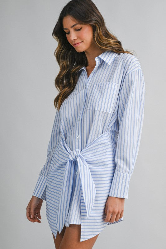 White & Blue Striped Wrap Front Shirt Dress