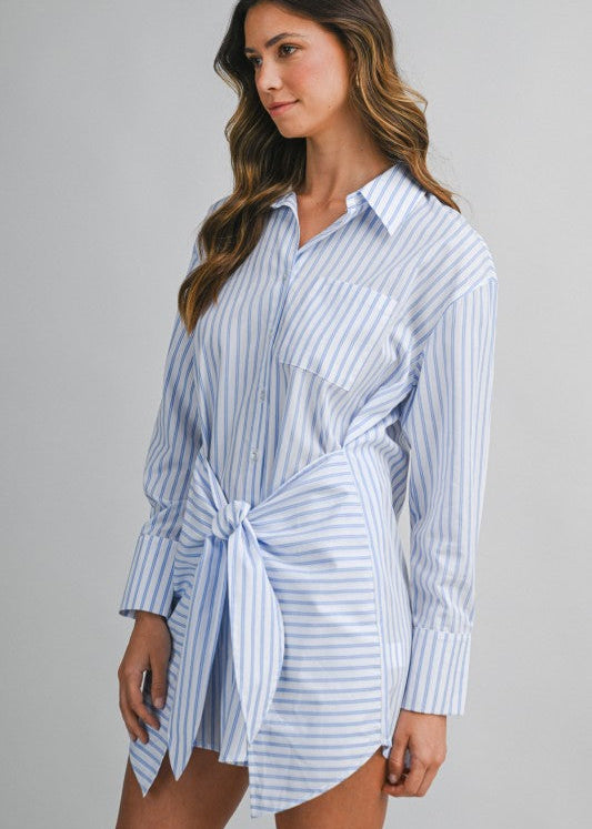 White & Blue Striped Wrap Front Shirt Dress Be the Aura White & Blue Striped Wrap Front Shirt Dress Be the Aura