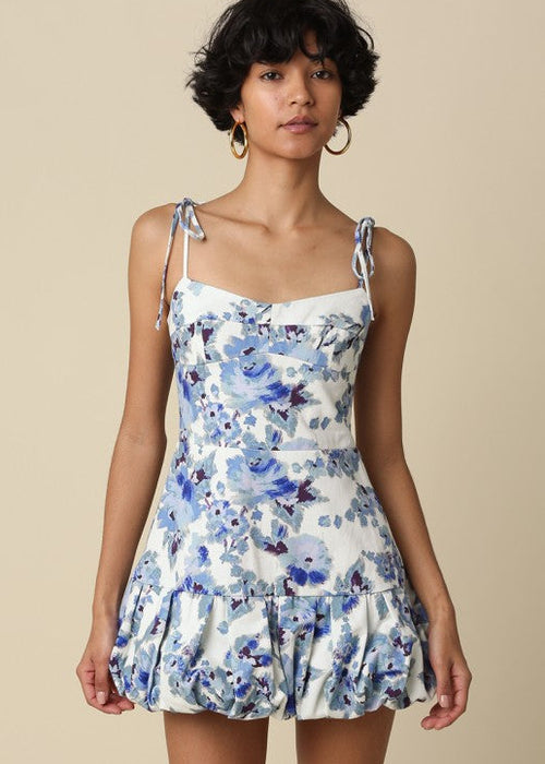 Blue Paris Flowers Balloon Hem Dress