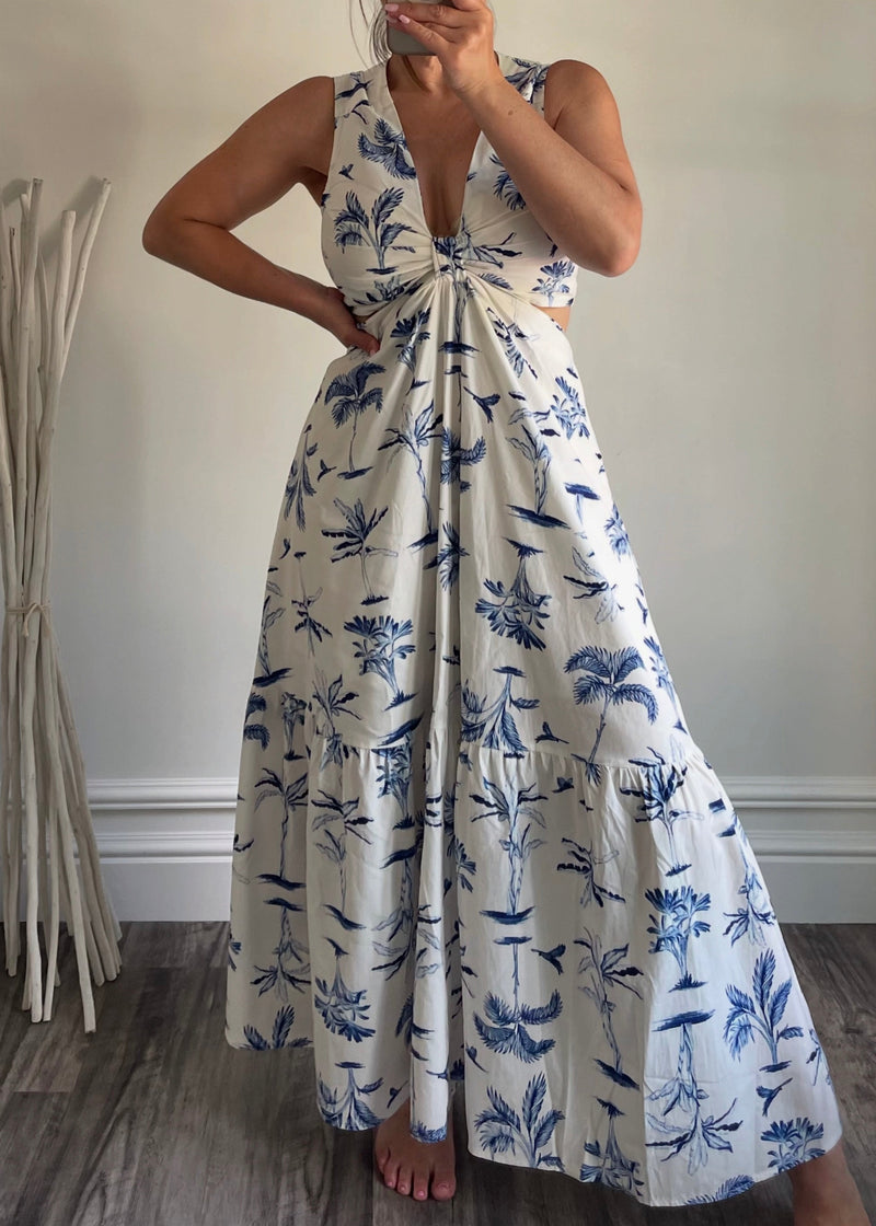Navy Palm Plunging Cutout Maxi Dress