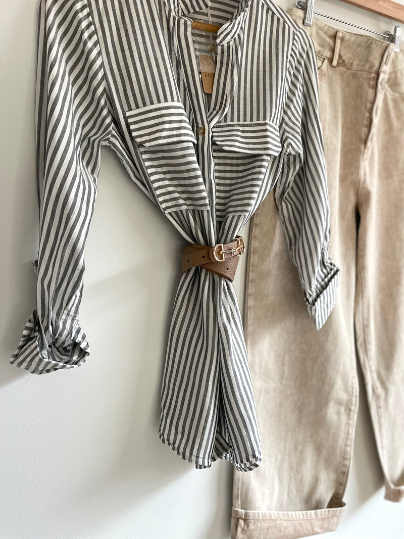 Charcoal Pinstriped Collared Top