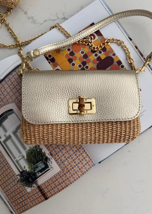 Gold Italian Leather & Raffia Crossbody