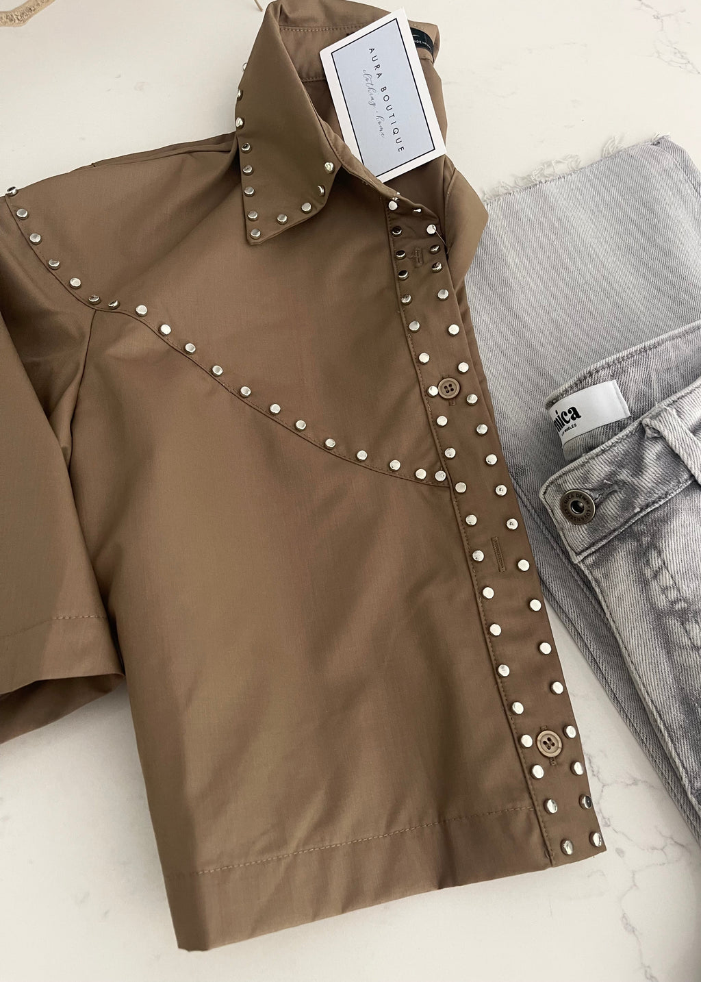 Mocha Studded Collared Top