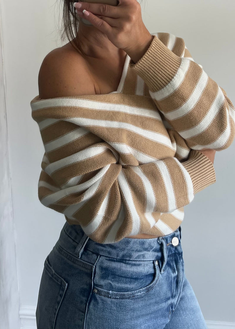 Camel & Oat Cross Stripe Sweater