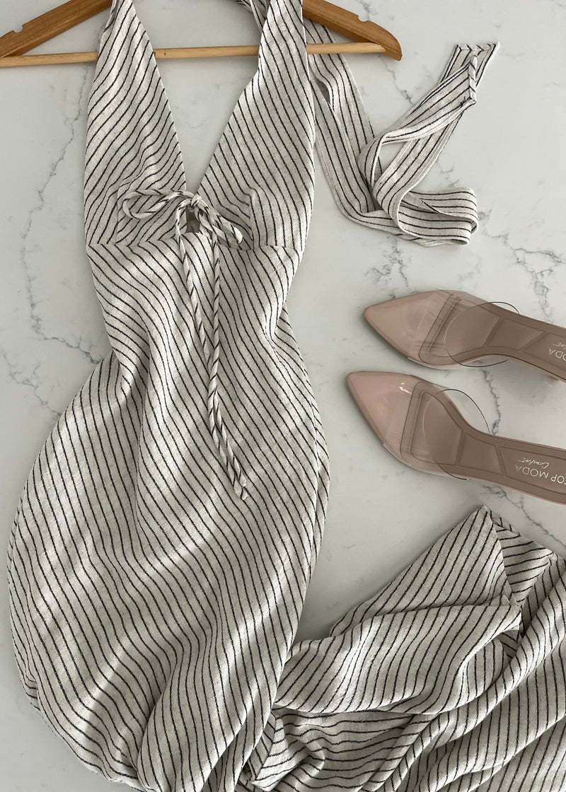 Oat Algarve Linen Pinstripe Halter Maxi