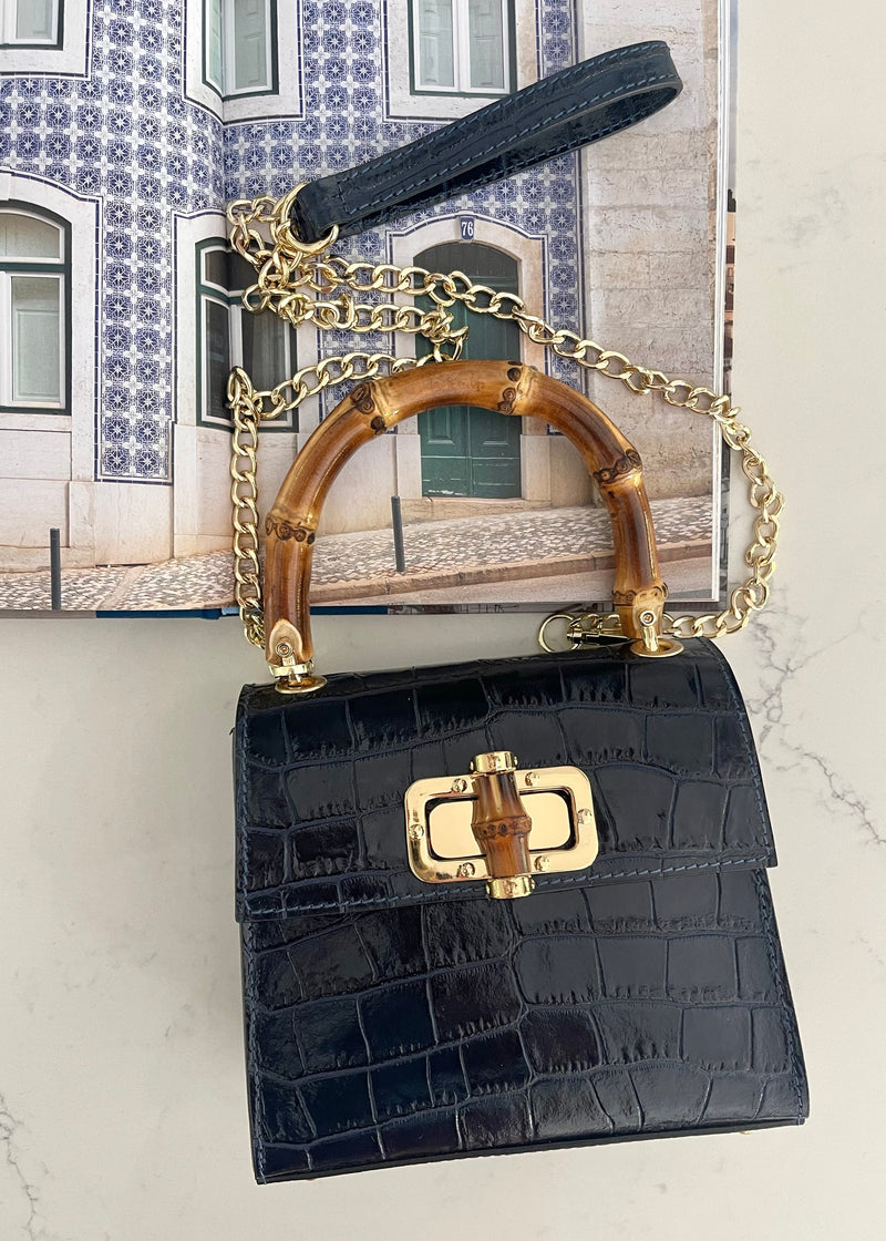 Navy Italian Leather Handle Bag