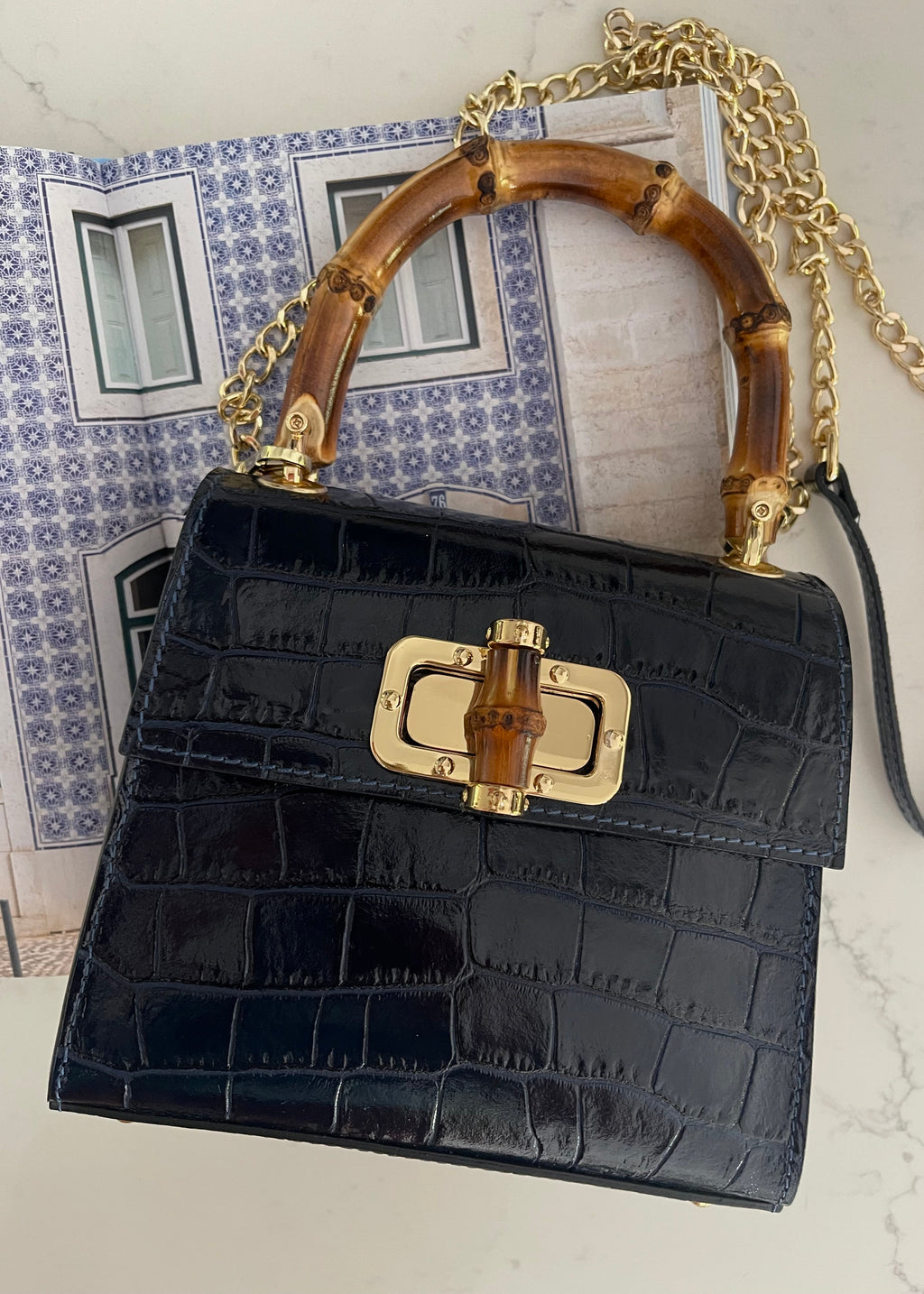 Navy Italian Leather Handle Bag