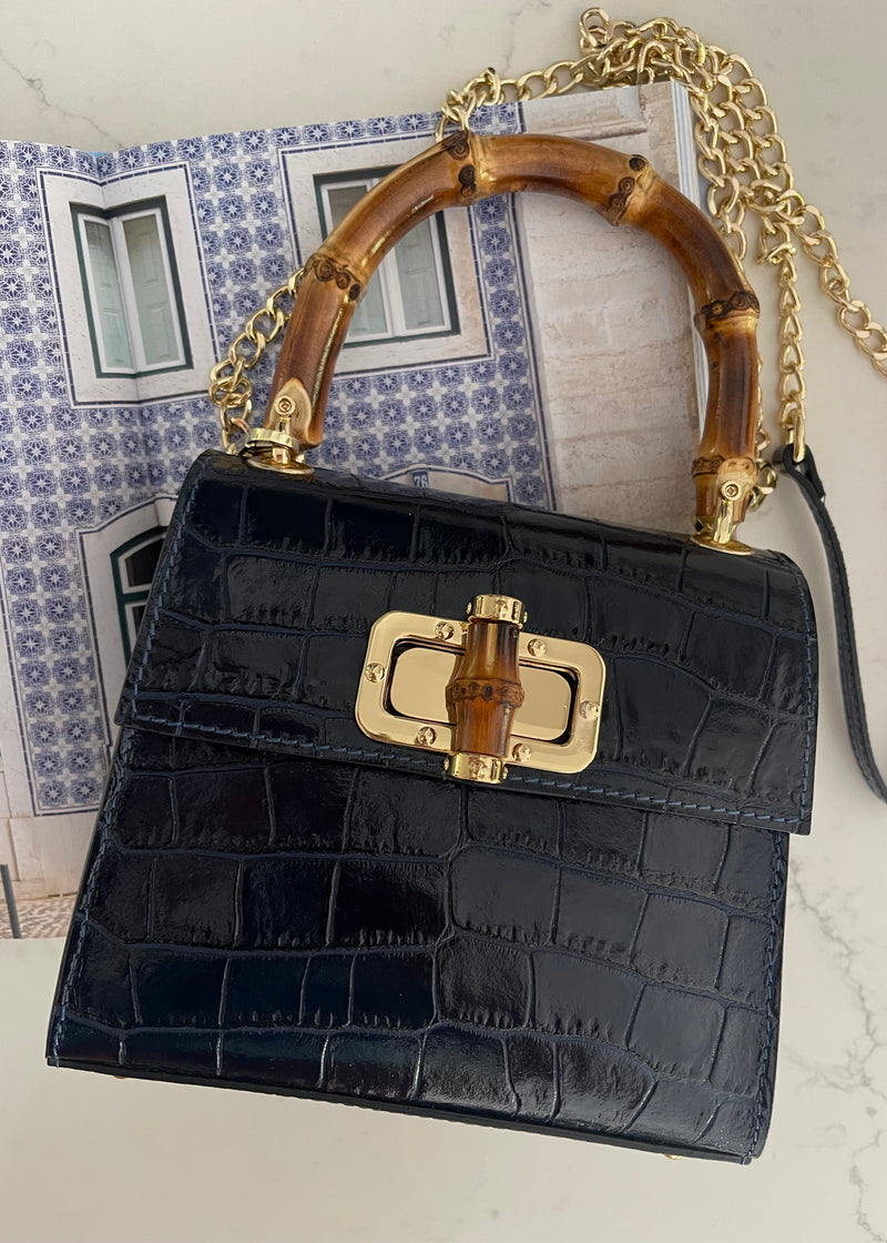 Navy Italian Leather Handle Bag