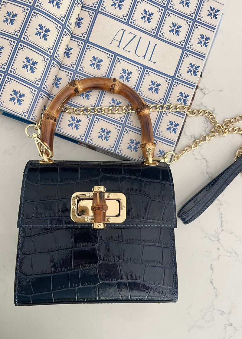 Navy Italian Leather Handle Bag