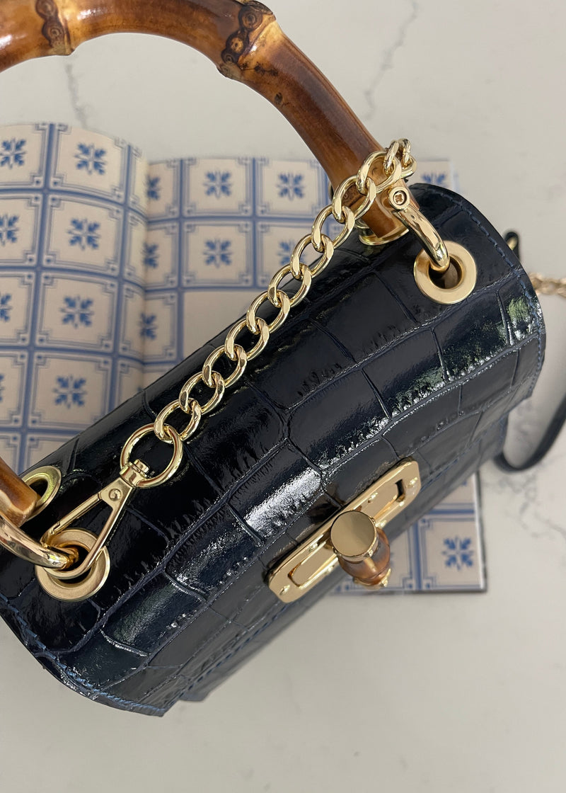 Navy Italian Leather Handle Bag