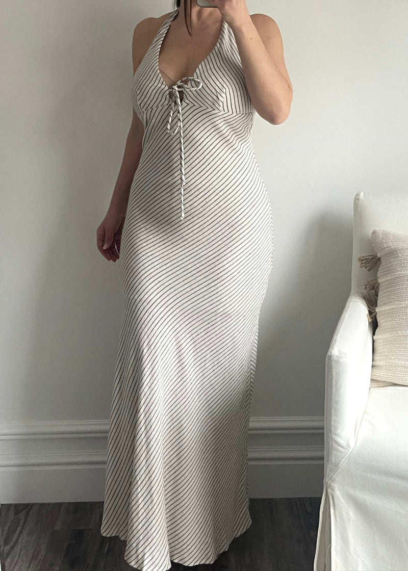 Oat Algarve Linen Pinstripe Halter Maxi