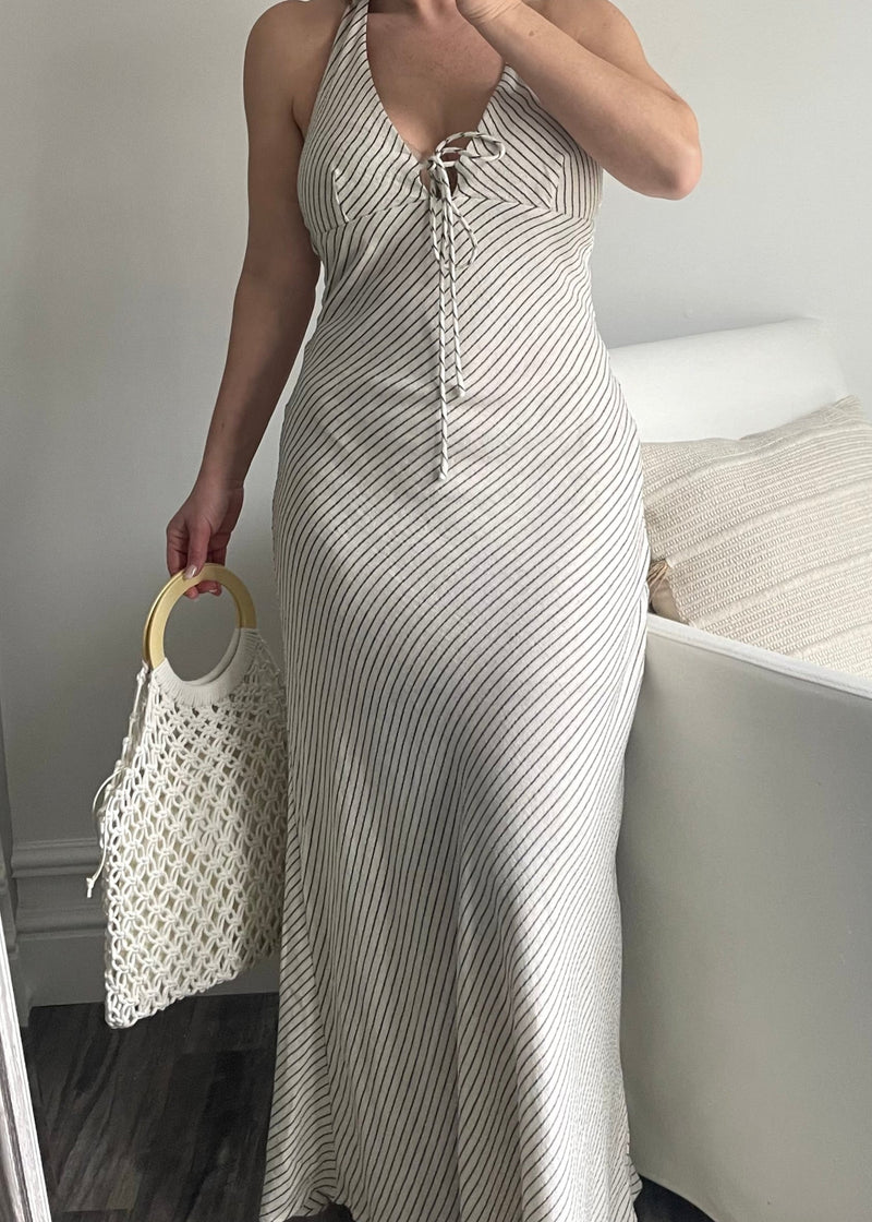 Oat Algarve Linen Pinstripe Halter Maxi