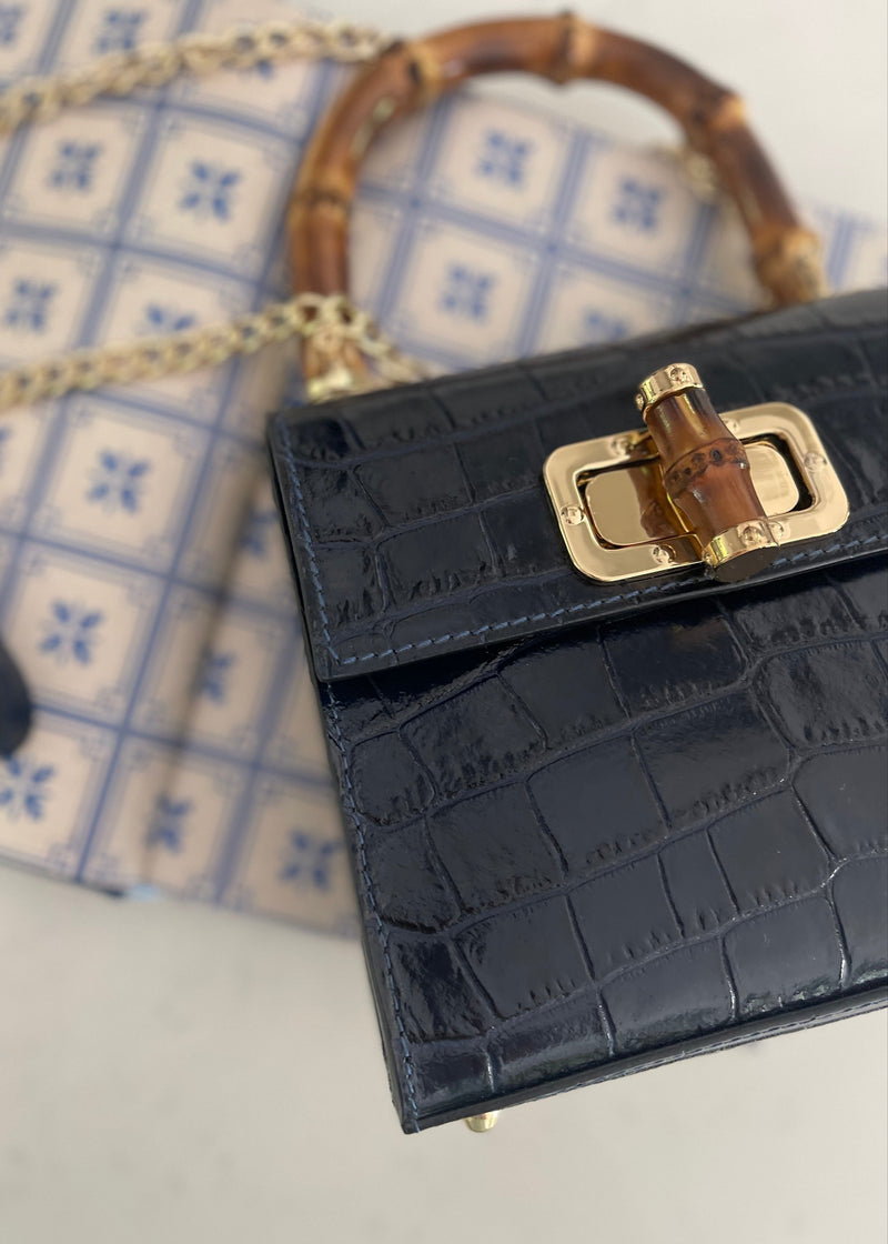 Navy Italian Leather Handle Bag
