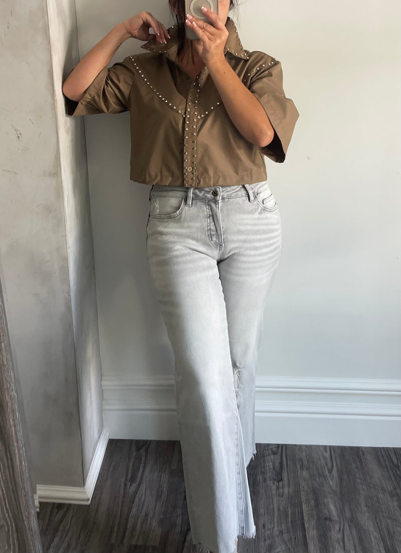 Gray Rylan Mid Rise Wide Leg Denim
