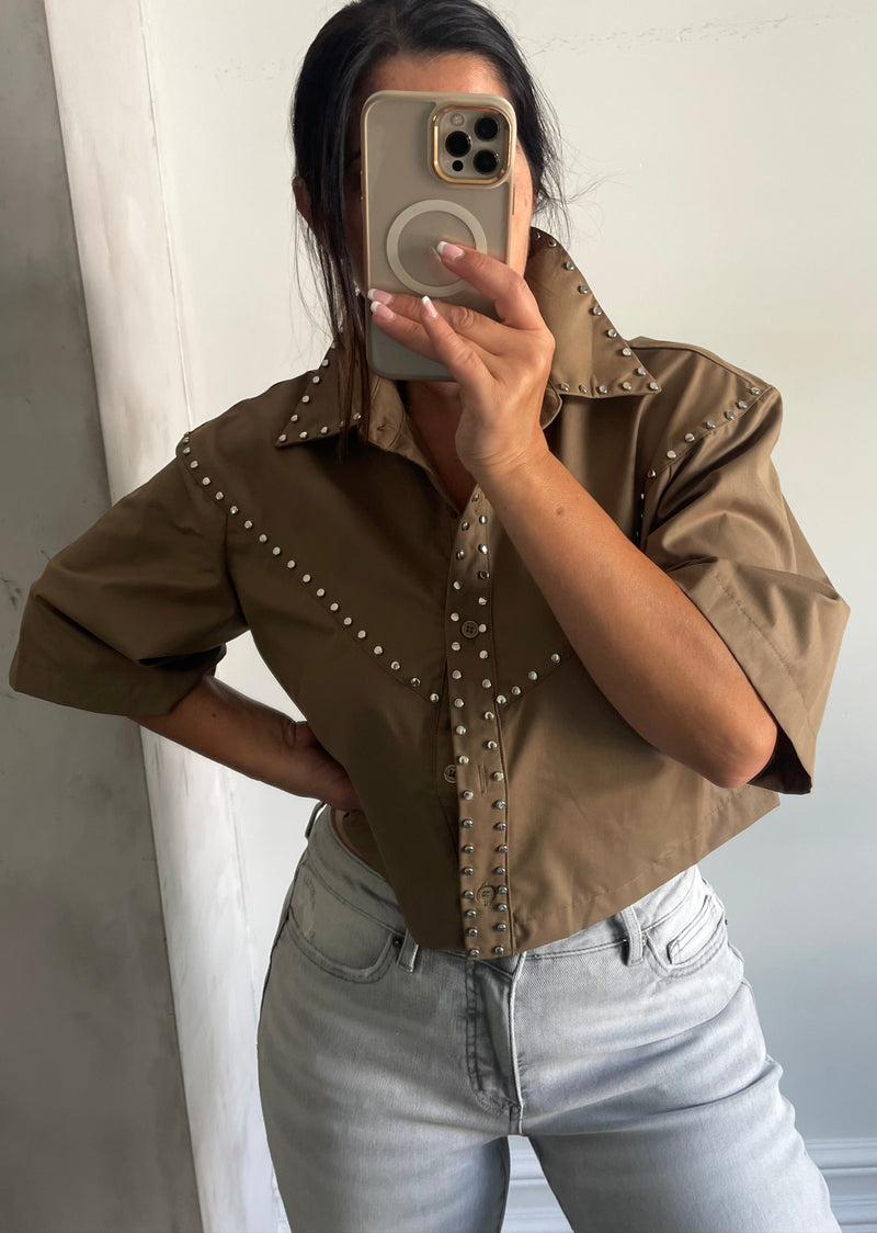 Mocha Studded Collared Top