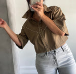Mocha Studded Collared Top