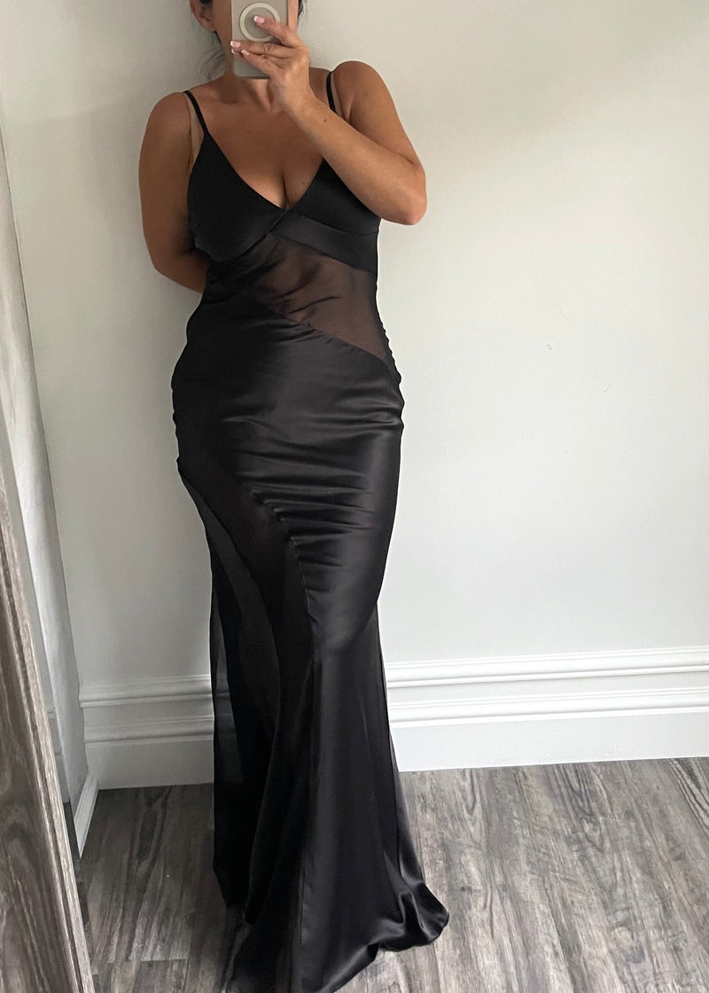 Black Silky Plunge Black Tie Maxi